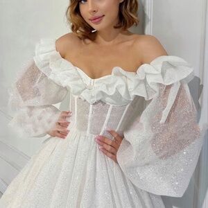 Glittery White Tea Length Dress